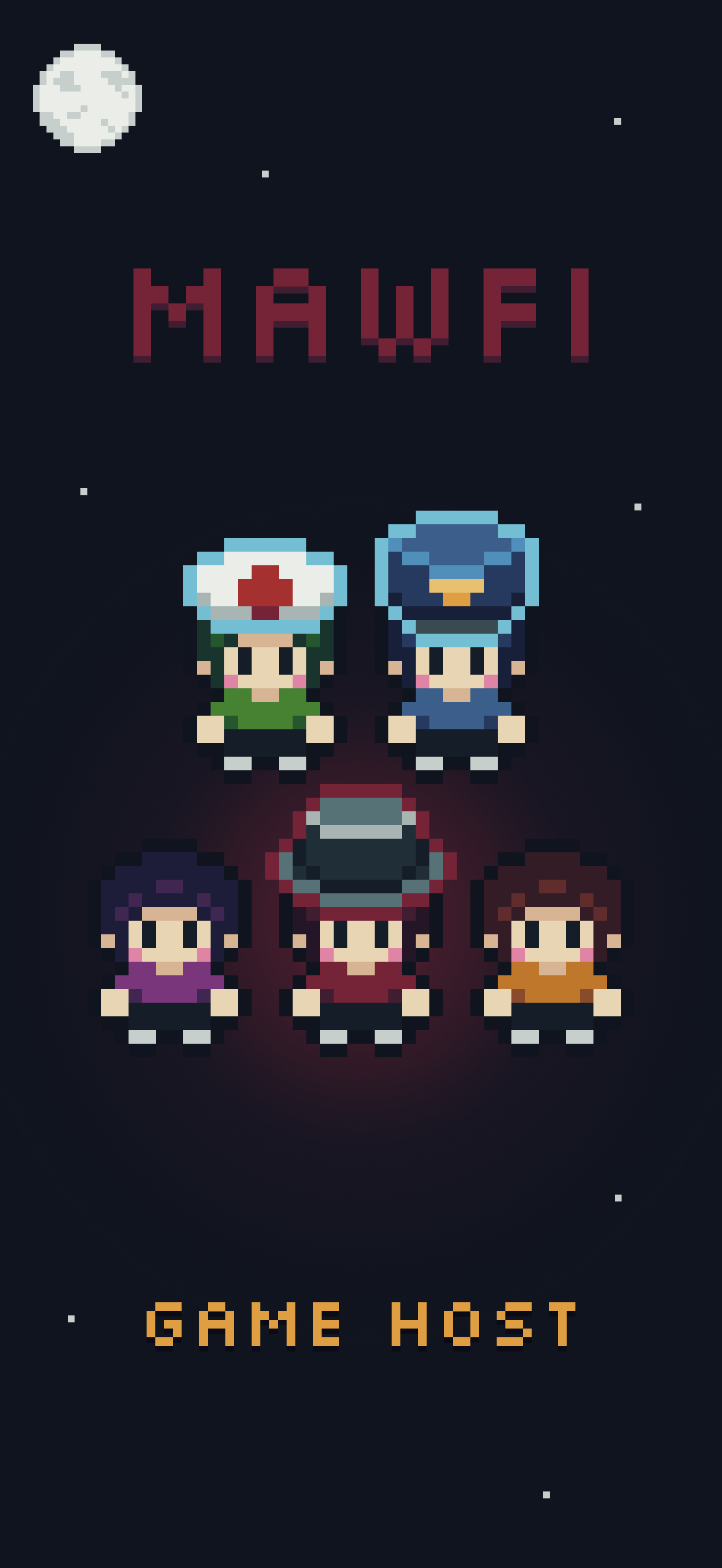 Mawfi game host preview with five pixel-art players